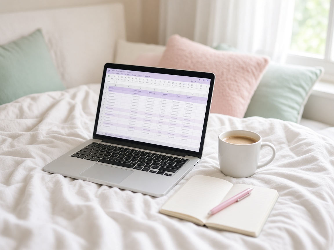 Laptop with a budget spreadsheet on a cozy bed
